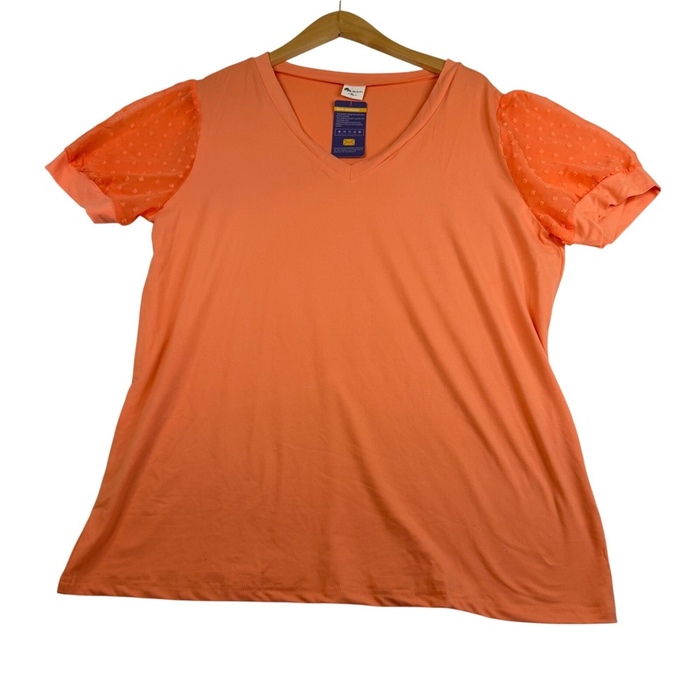 Misifi Womens Coral Orange Swiss Dot Puff Sleeve V-Neck Top XL NEW